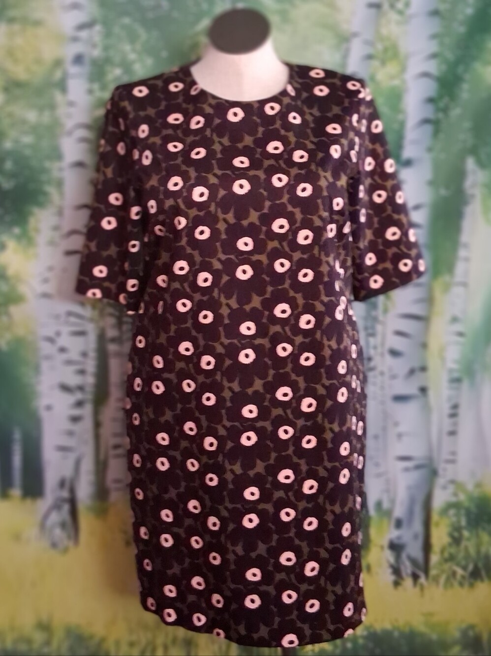 Marimekko "Pieni Unikko" Purple and Green Short Sleeve Floral Cotton Mini Dress - Picture 2 of 6